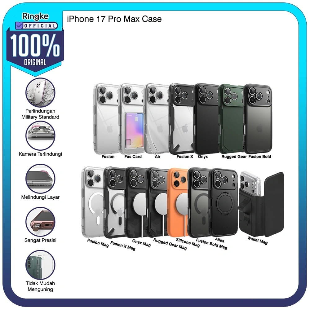 Casing Ringke for iPhone 17 Pro Max Magnetic Fusion Bold / Fusion X / Onyx / Rugged Gear / Silicone / Folio Grip Wallet / Alles / UX / Card / Air Magsafe Kartu Folio Standing Dompet Softcase Hybrid Tipis Military Drop Full Cover No Yellowing Tahan Banting