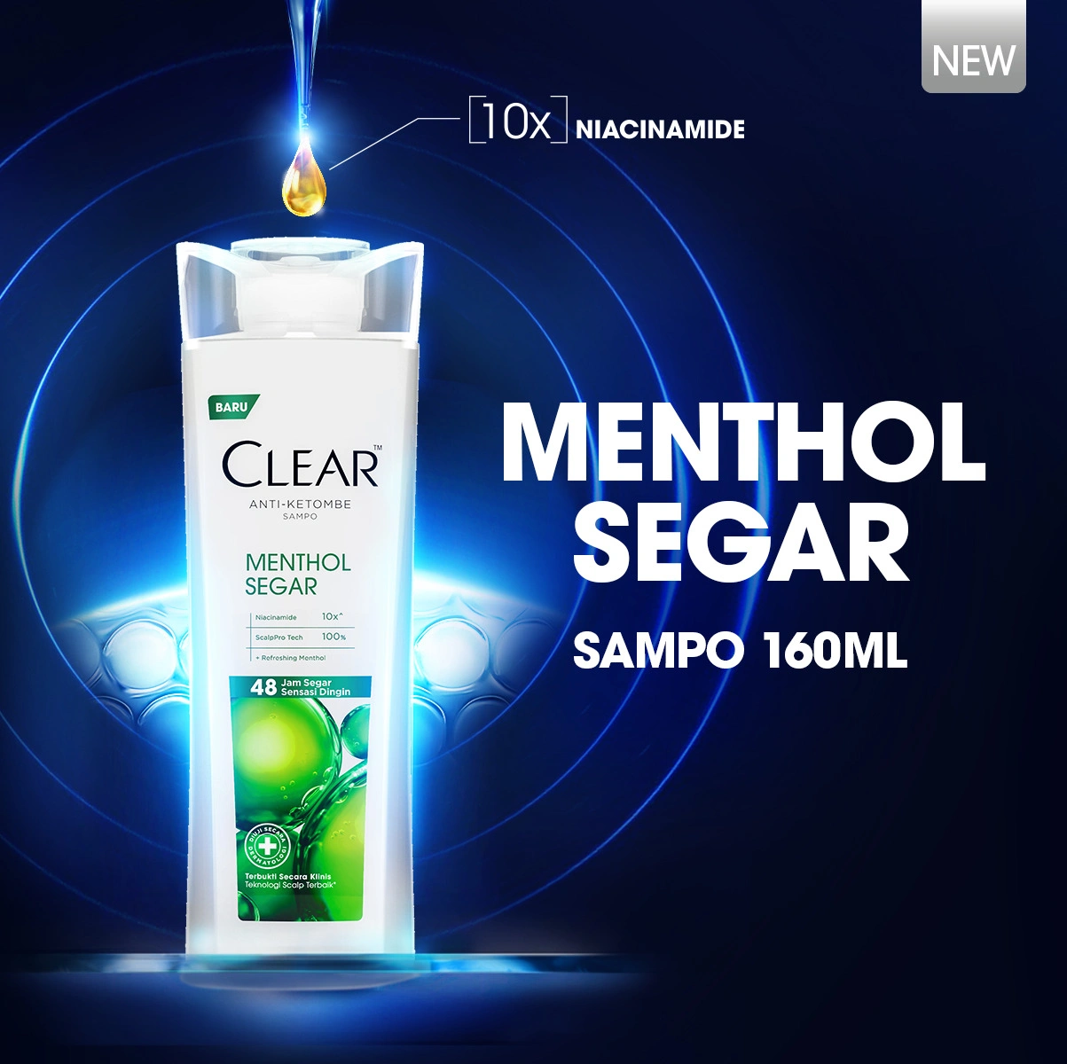 CLEAR Shampoo Anti Ketombe Menthol Segar, 48 Jam Segar Sensasi Dingin dengan 10x Super Vitamin - 160mL