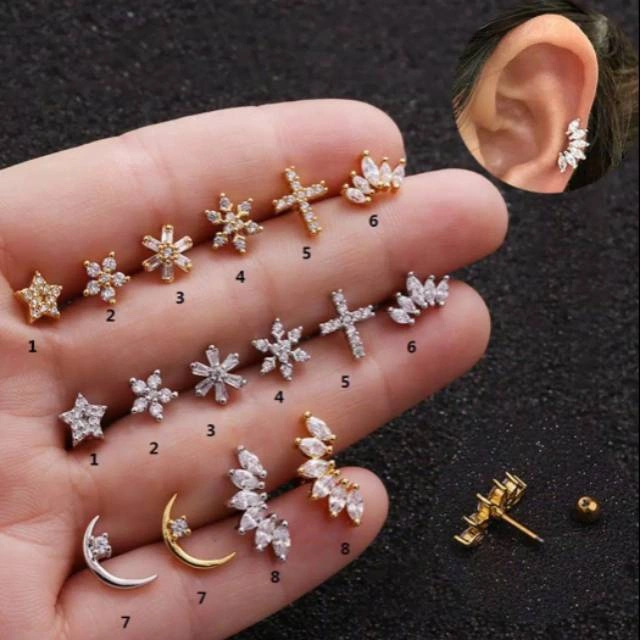1PCS Anting  Earring Fashion Flower Star Cross Moon Stainless Steel Tragus Helix Zircon Clear Cartilage Piercing Body Jewelry