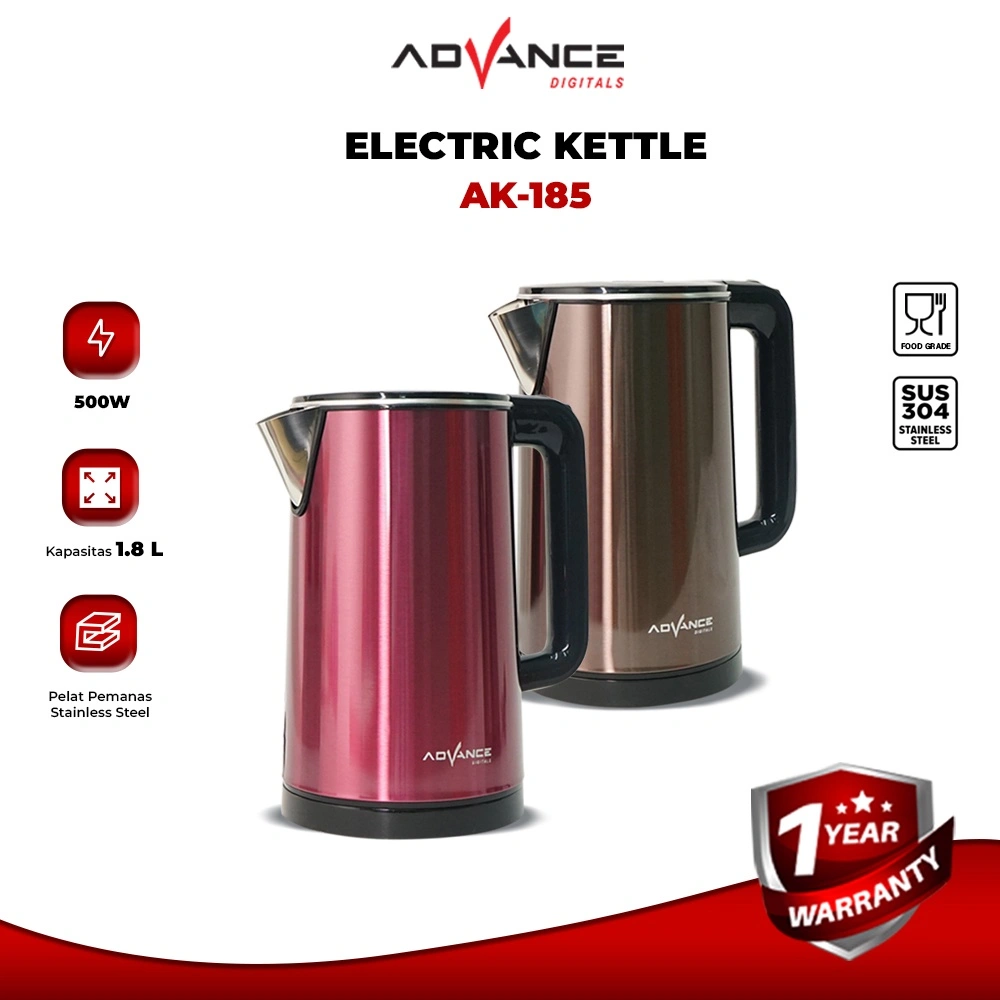 Teko Listrik Electric Kettle Advance AK185 Kapasitas 1.8 Liter Stainless Steel 304 Food Grade Pemanas Air Aman Di konsumsi Garansi Resmi 1 tahun