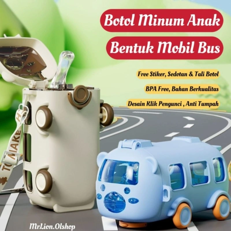 Botol Air Minum Anak Bentuk Bus 550ml Botol Minum Anak Flip Top Bus Botol Minum Bua Anak Free Mainan •MrLion•