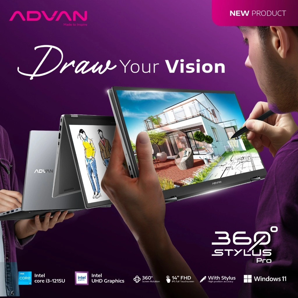 ADVAN Laptop 360 Stylush Pro Laptop 2 IN 1 Touchscreen Intel Core i3-1215U 8GB/256GB 14" IPS FHD Win 11 Free Stylush Pen