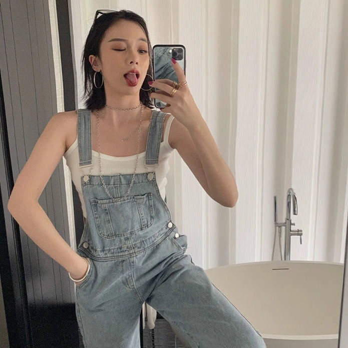 Celana Dasi Bahu Denim Gaya Korea Dengan Potongan Lurus Longgar/gaya baru/impor/nyaman/denim