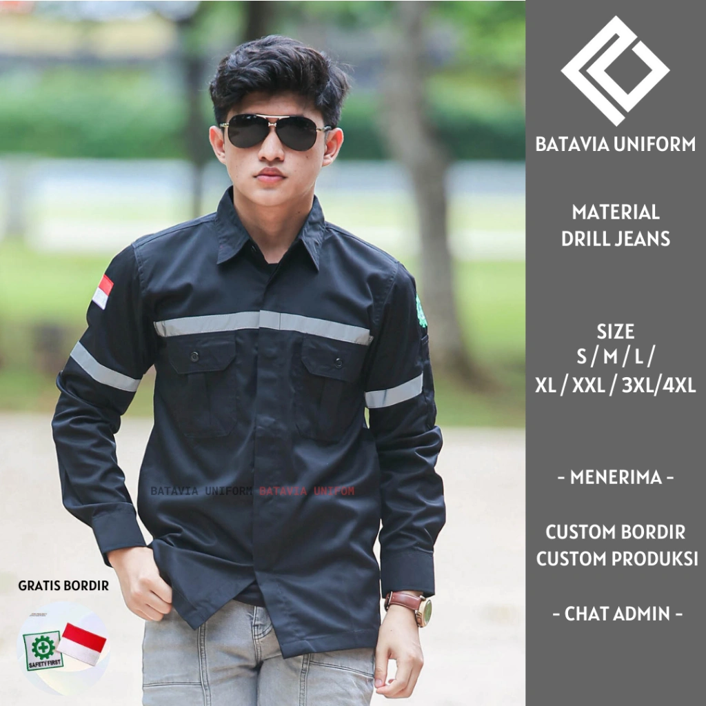 Baju Kemeja Wearpack Safety K3 Lengan Panjang Werpack Seragam Kerja Proyek Tambang Lapangan Lengan Panjang  Werpack Pria Wanita Warna Hitam Pria Wanita bisa Custom Bordir dan Design Cewek Cowok