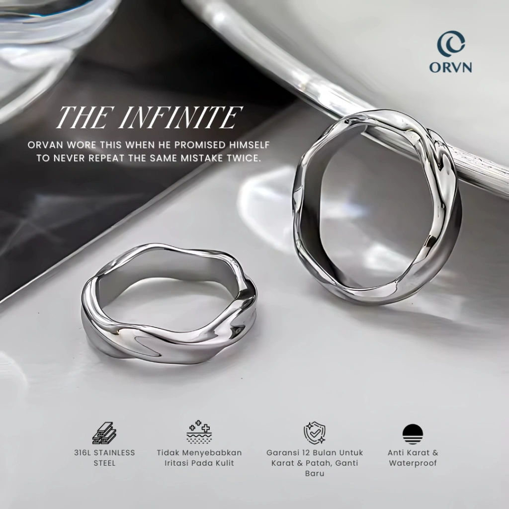 ORVAN - INFINITY RING - [Beli 3 Gratis 1] Cincin Silver Pria Cowok Wanita motif Bergelombang Abstrak, Mewah, Anti Luntur, Perhiasan Fashion Korea, Stainless Steel, Anti Karat (Garansi 12 Bulan)