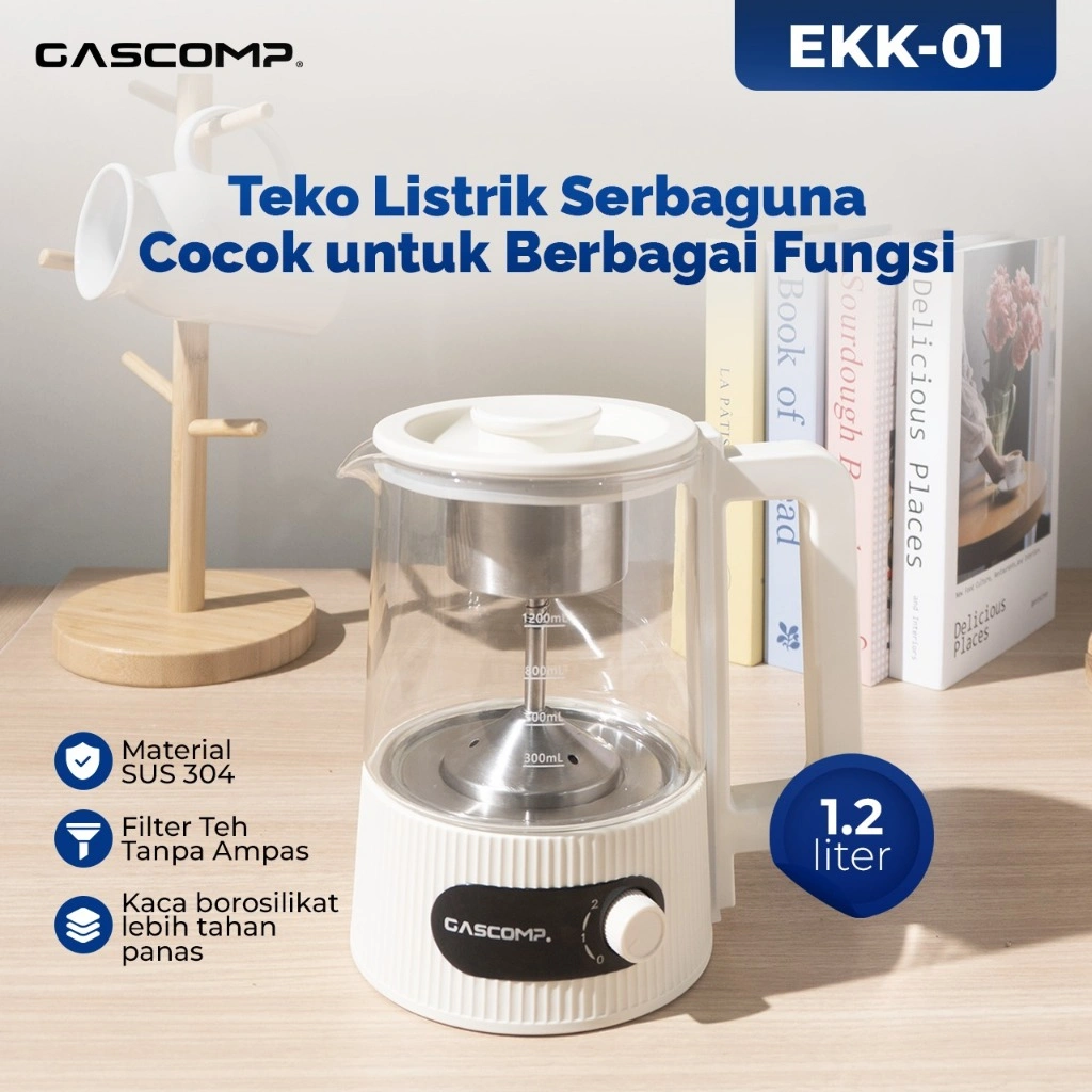 GASCOMP Electric Kettle + Filter EKK-01 GASCOMP Teko Listrik Kaca Food-Grade 1.2L, Bahan Kaca Low Watt 600W, Aman untuk Susu Bayi, Anti Bau & Karat, Teko Listrik Pembuat Teh