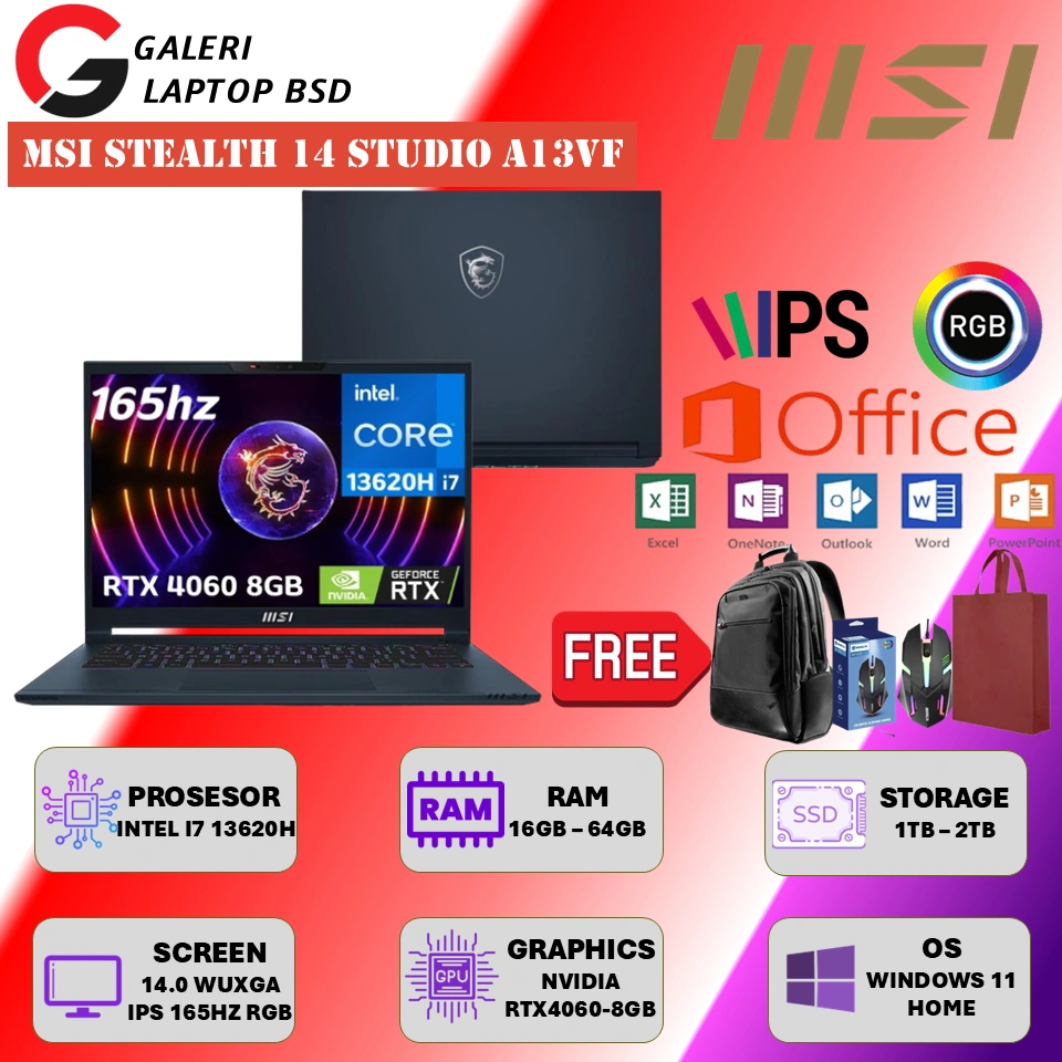 Laptop Gaming Msi Stealth 14 Studio A13VF Intel i7 13620H Rtx4060 Ram 64GB 2TB Ssd 14" Wuxga Ips 165Hz Rgb Windows 11