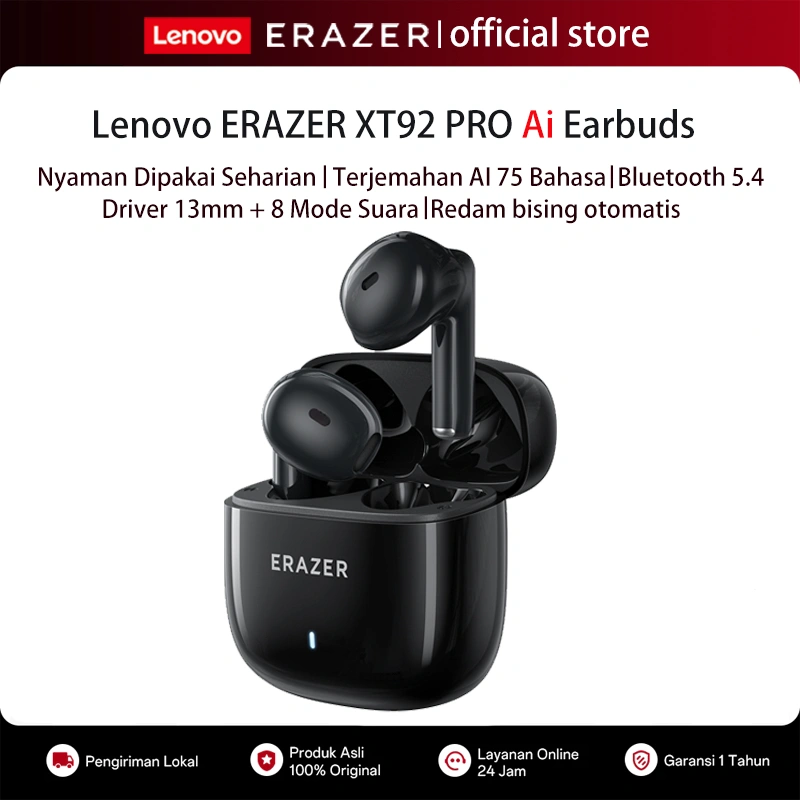 Lenovo XT92 Pro True Wireless Earphone AI Smart Bluetooth Earbuds TWS BT 5.4 Translator 75 Bahasa Suara Studio HIFI Bass