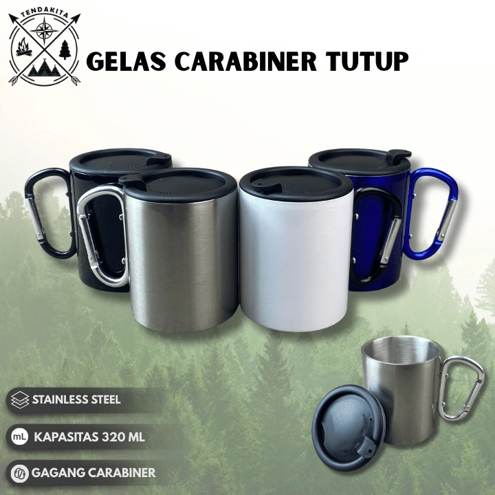 Gelas Cangkir Mug Carabiner Karabiner Stainless Steel Outdoor + Tutup Anti Tumpah