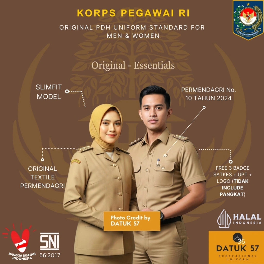 Original Essentials by Datuk57 : Seragam Kemeja Atasan PDH Pakaian Dinas Harian Khaki Pemda Pemkot Pemprov Pemkab PPPK PNS ASN Guru Pegawai Negeri Sipil Kemendagri Kementerian Dalam Negeri Terbaru Hari Senin dan Selasa (Pria dan Wanita)