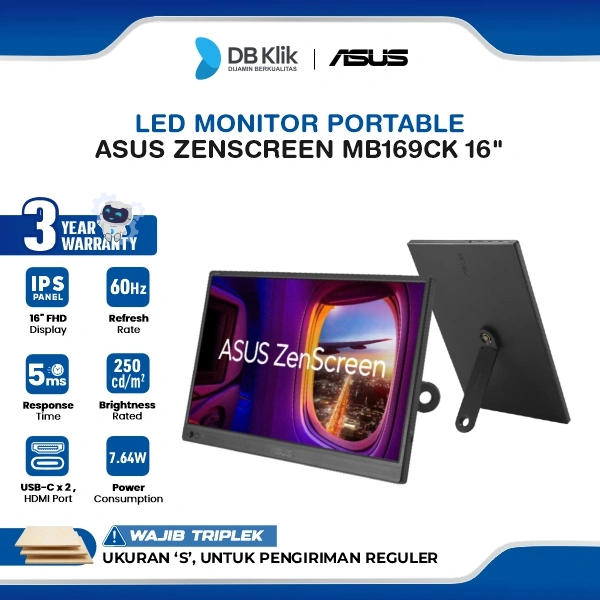 ASUS LED Monitor Portable ZenScreen MB169CK 16" IPS FHD 60Hz 5ms Mini HDMI USB-C