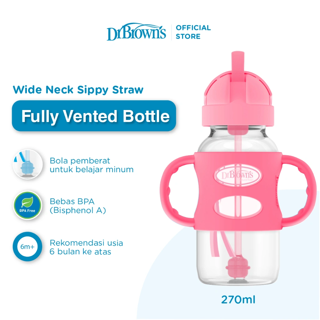 Dr. Brown's 8 oz/9 oz PP Sippy Straw Bottle w/ Silicone Handles, Pink/Blue - Botol Minum Anak