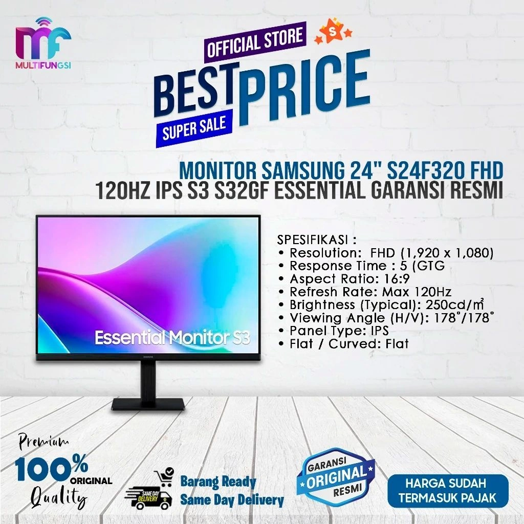 Monitor Samsung 24" S24F320 FHD 120Hz IPS (Pengganti S24C310) Essential Garansi Resmi