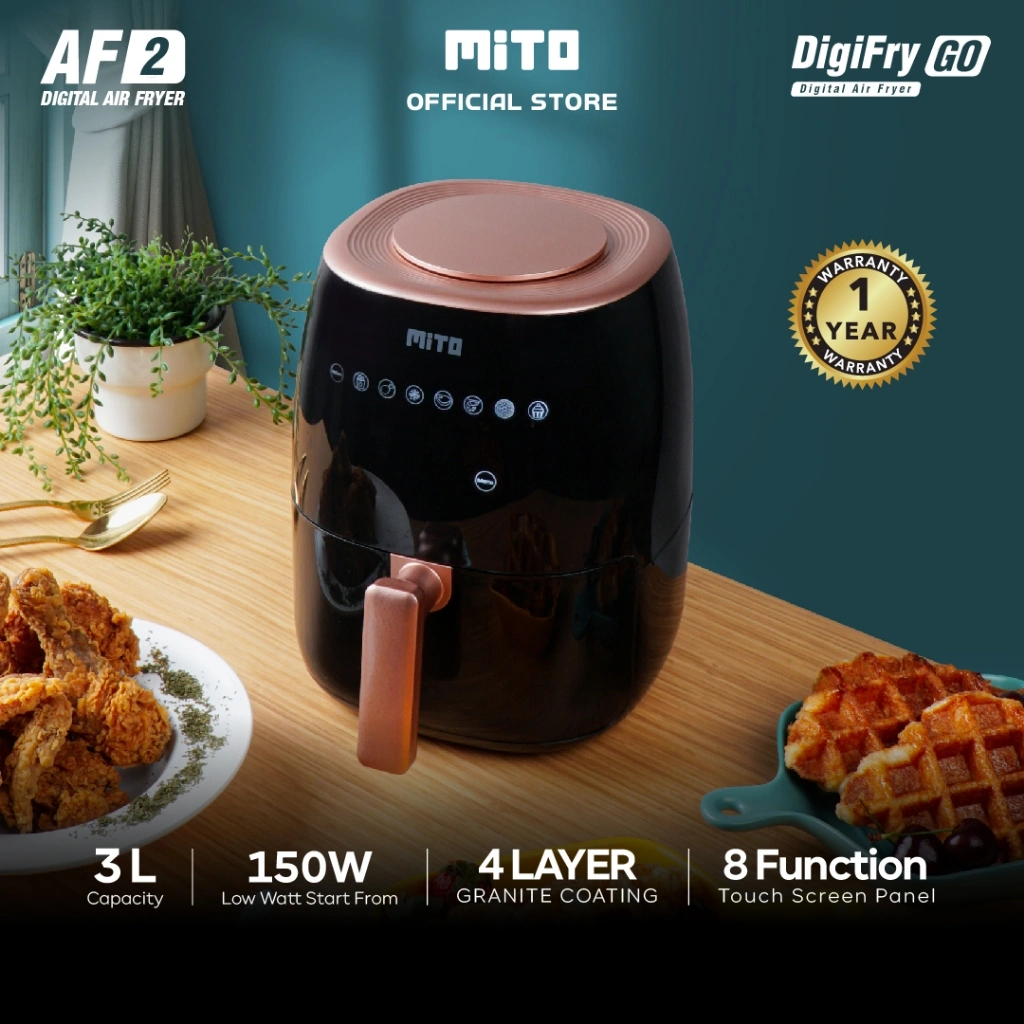 MITO Air Fryer Digi Fry Go AF2 3L Digital Low Watt Mesin Penggoreng Tanpa Minyak Garansi Resmi - Black Gold