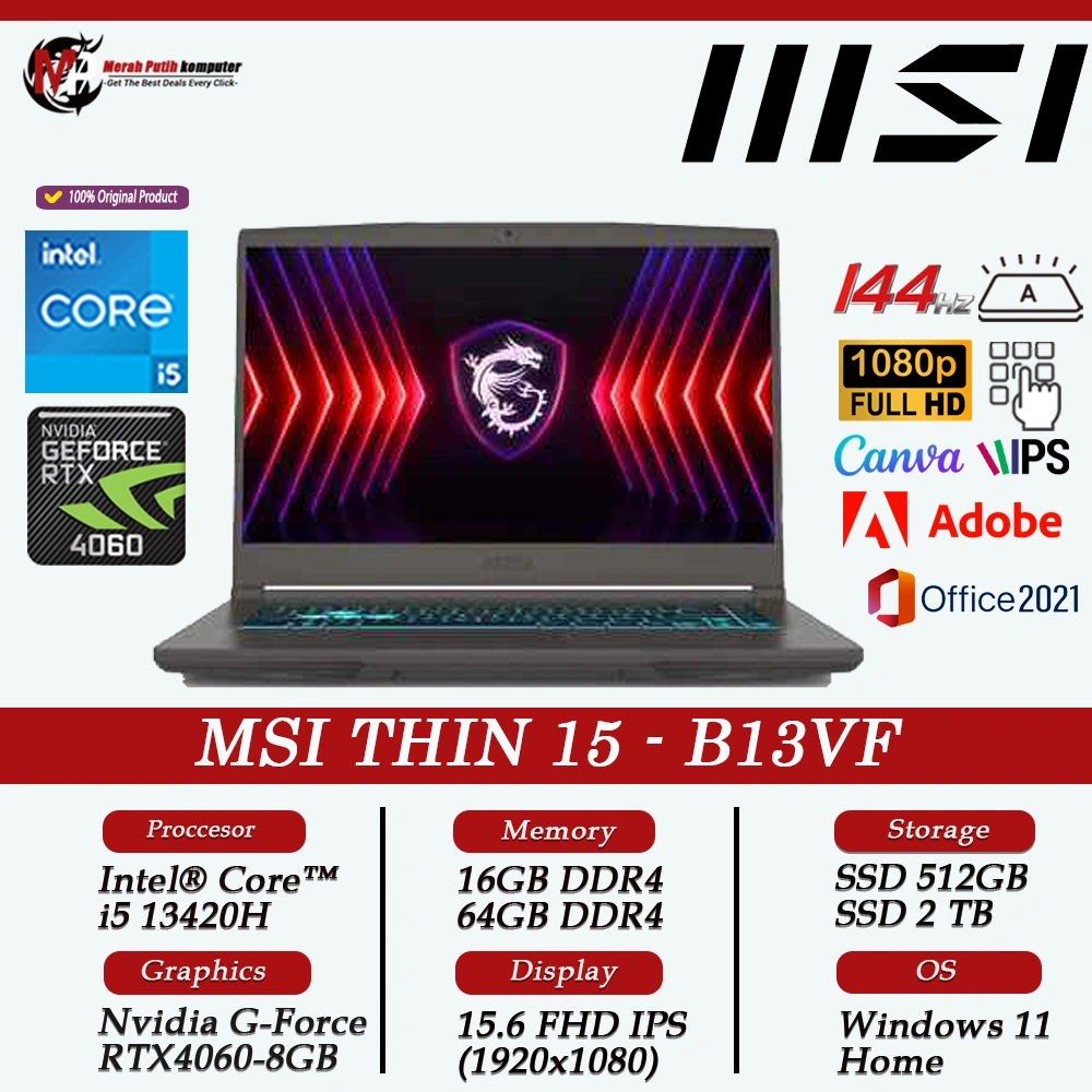 MSI THIN 15 CORE i5 13420H RAM 64GB 1TB SSD RTX4060 FHD 144Hz IPS Windows11 Original