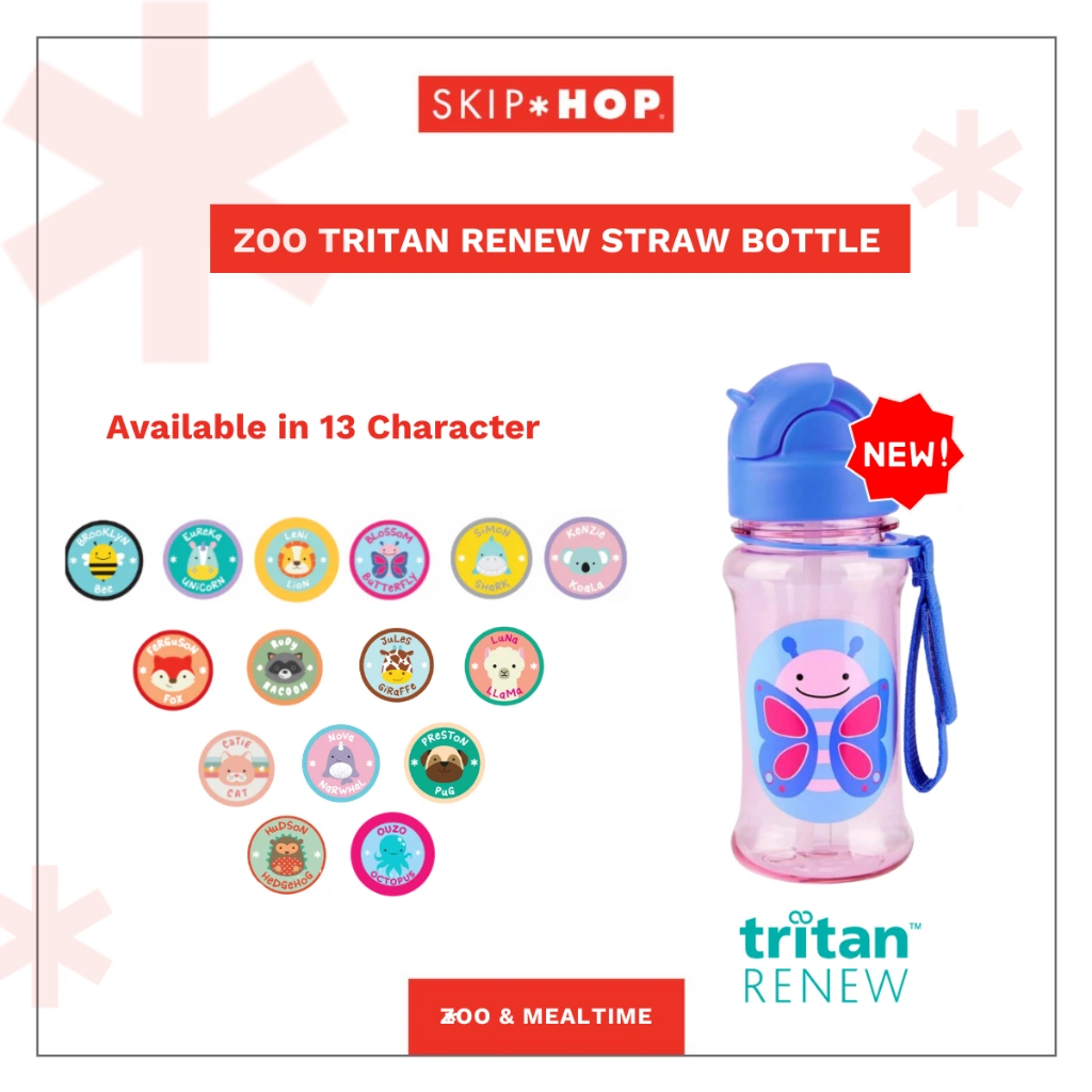 Skip Hop Zoo Tritan Renew Straw Bottle - Botol Minum Anak dengan Sedotan & Penutup Flip