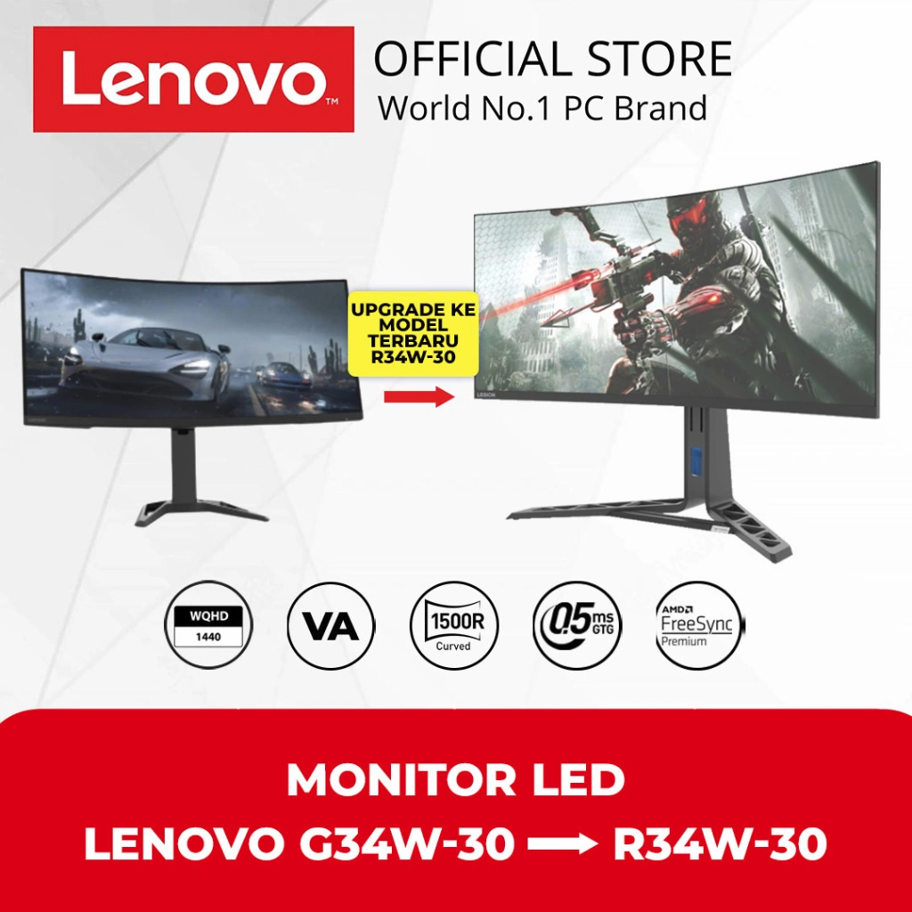 LED MONITOR GAMING LENOVO LEGION R34W-30 34" VA 3440X1440 21:9 180HZ CURVED 1500R 0.5MS AMD FREE SYNC ADAPTIVE SYNC HDMI DP