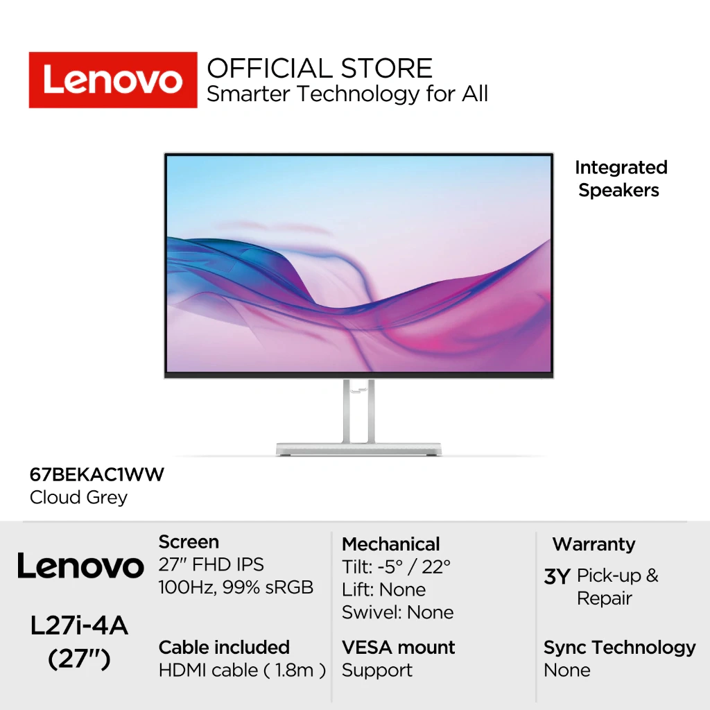 Lenovo Monitor L27i-4A 67BEKAC1WW Cloud Grey 27" FHD IPS 300nits max 100Hz 99% sRGB Antiglare 4-sided Ultra Thin Bezel WLED