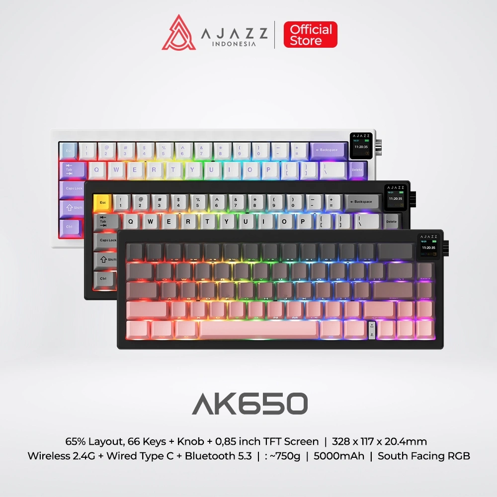 Ajazz AK650 Mechanical Keyboard Three Mode RGB with 0.85-inch TFT Color Screen and Knob Volume