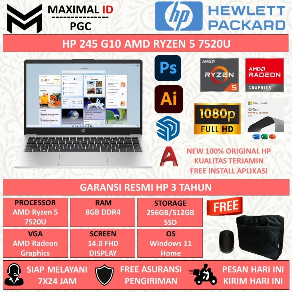 Laptop HP 245 G10 AMD Ryzen 5 7520U Ram 8GB 1TB SSD 14.0 Full HD FingerPrint Win11Home