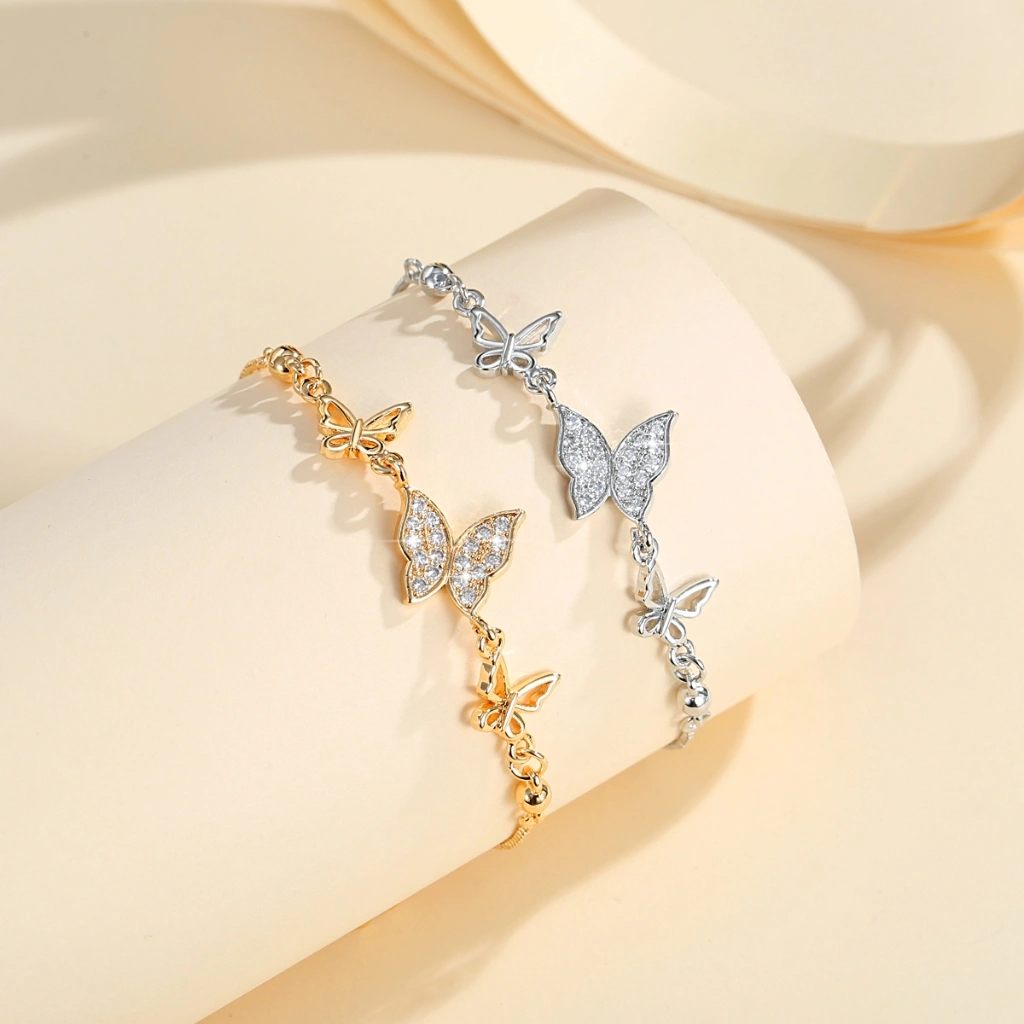 Lanme Jewelry Gelang Wanita Dewasa Kristal Kupu-Kupu Berlapis Emas Tali Serut Aksesoris Fashion Stainless Steel Anti Luntur LM754