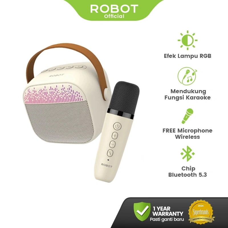 ROBOT RB50 Speaker Karaoke Bluetooth 5.3 Portabel Mini Full Bass dengan Mikrofon Nirkabel dan Lampu RGB Efek Musik 5W Suara Jernih untuk Outdoor Indoor Party Original - Garansi Resmi 1 Tahun