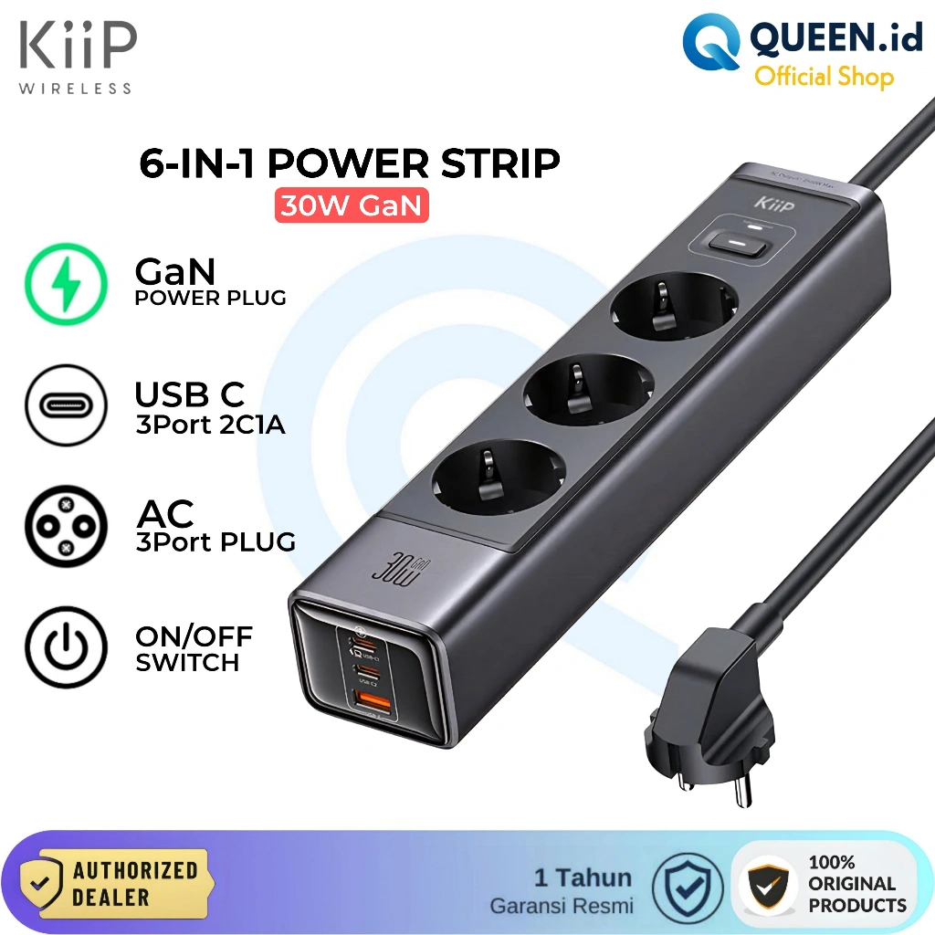 KIIP C29T Smart Power Strip GaN 30W 6in1 Charger USB C PD QC PPS Stop Kontak Multiple Socket Plug AC