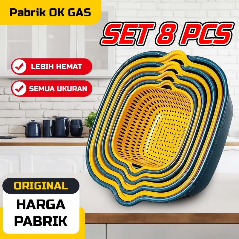 POG - Baskom Tirisan Set 8 Pcs Plastik Wadah Cuci Sayuran Buah Multifungsi Keranjang Saringan Set