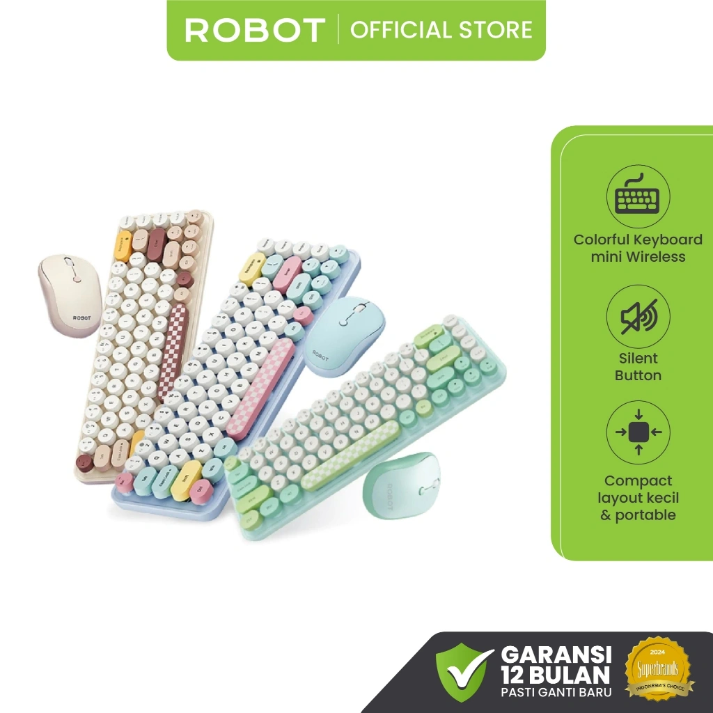 ROBOT Keyboard dan Mouse Set Wireless 2.4G Combo Keyboard + Mouse Stylish Colorful Unik Lucu Keyboard Kantor & Gaming Wireless Hemat Baterai Original - KM3600
