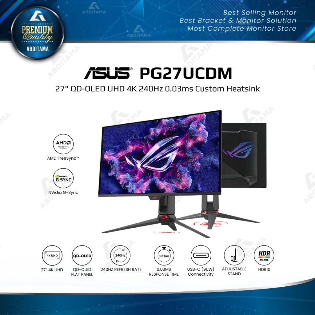 Monitor OLED Asus ROG Swift OLED PG27UCDM 27" QD-OLED UHD 4K 240Hz 0.03ms HDMI 2.1x2 DP 2.1x1 Type-C (90W PD) Custom Heatsink, OLED Care Pro Neo Proximity Sensor G-SYNC Compatible, VESA DisplayHDR 400 True Black 99% DCI-P3 True 10-bit Color