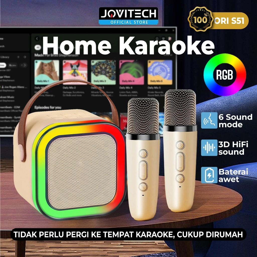 (HOT PRODUK) Jovitech Karaoke Speaker Wireless Bluetooth 2 Mic 1 Set Mini Portabel Lucu Colorful RGB Karaoke Super Bass - S51