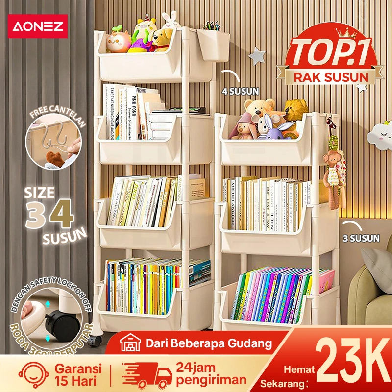 K-AONEZ Susun Serbaguna Tempat Rak Buku Anak Lemari Buku Plastik Rak Portable Roda Rak Mainan Rak Roda Toy Storage Rak Susun Tempat
