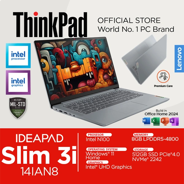 Lenovo Ideapad Slim 3i Intel N100 8GB RAM 512GB SSD Windows 11 OHS 14 inch Full HD 14IAN8 Celeron