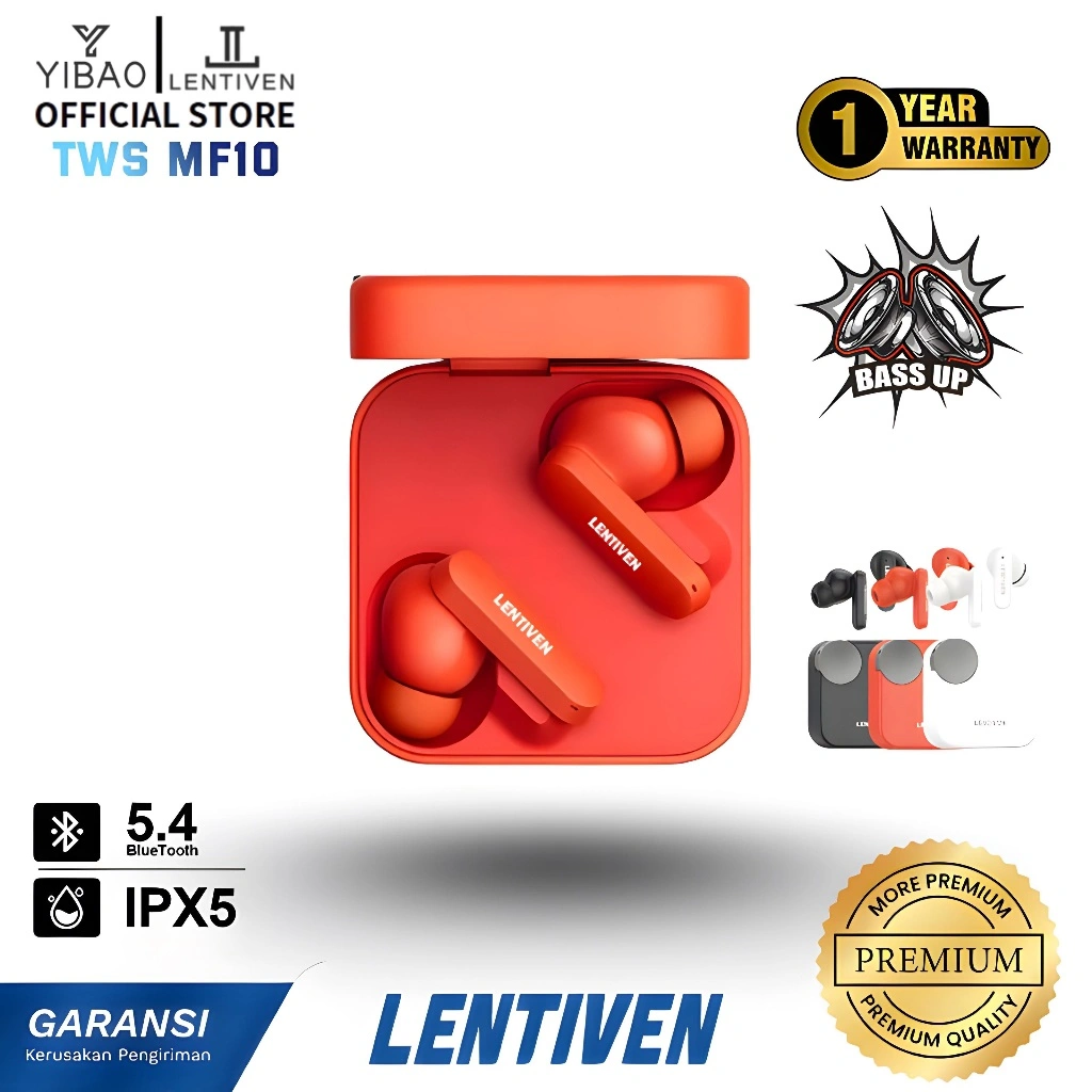 YIBAO LENTIVEN Earbuds TWS Wireless Earphone Bluetooth Headset IPX4 BT 5.5 MF10 Garansi 1 Tahun