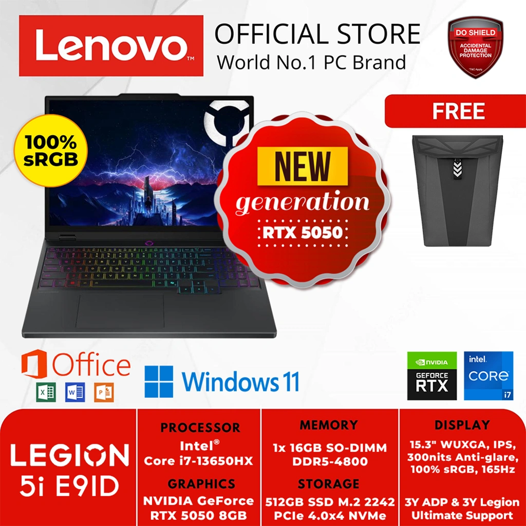 LENOVO GAMING LEGION 5i 15IRX10 E9ID INTEL CORE i7-13650HX 16GB 512GB RTX 5050 8GB GDDR7 WIN 11 HOME + OH 2024
