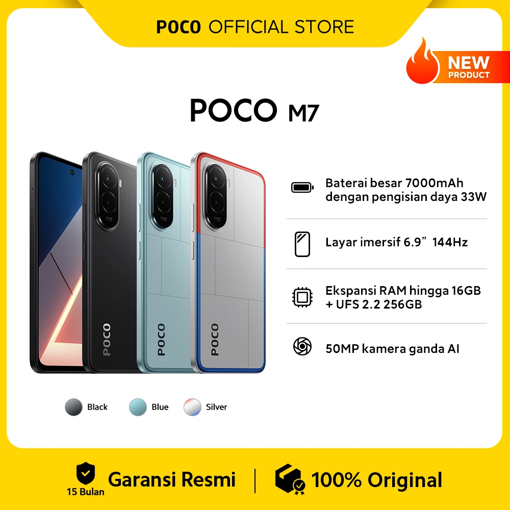 POCO M7 (8GB/256GB) Baterai besar 7000mAh dengan pengisian daya 33W | Layar imersif 6.9" 144Hz | Ekspansi RAM hingga 16GB + UFS 2.2 256GB | 50MP kamera ganda AI [Official Store]