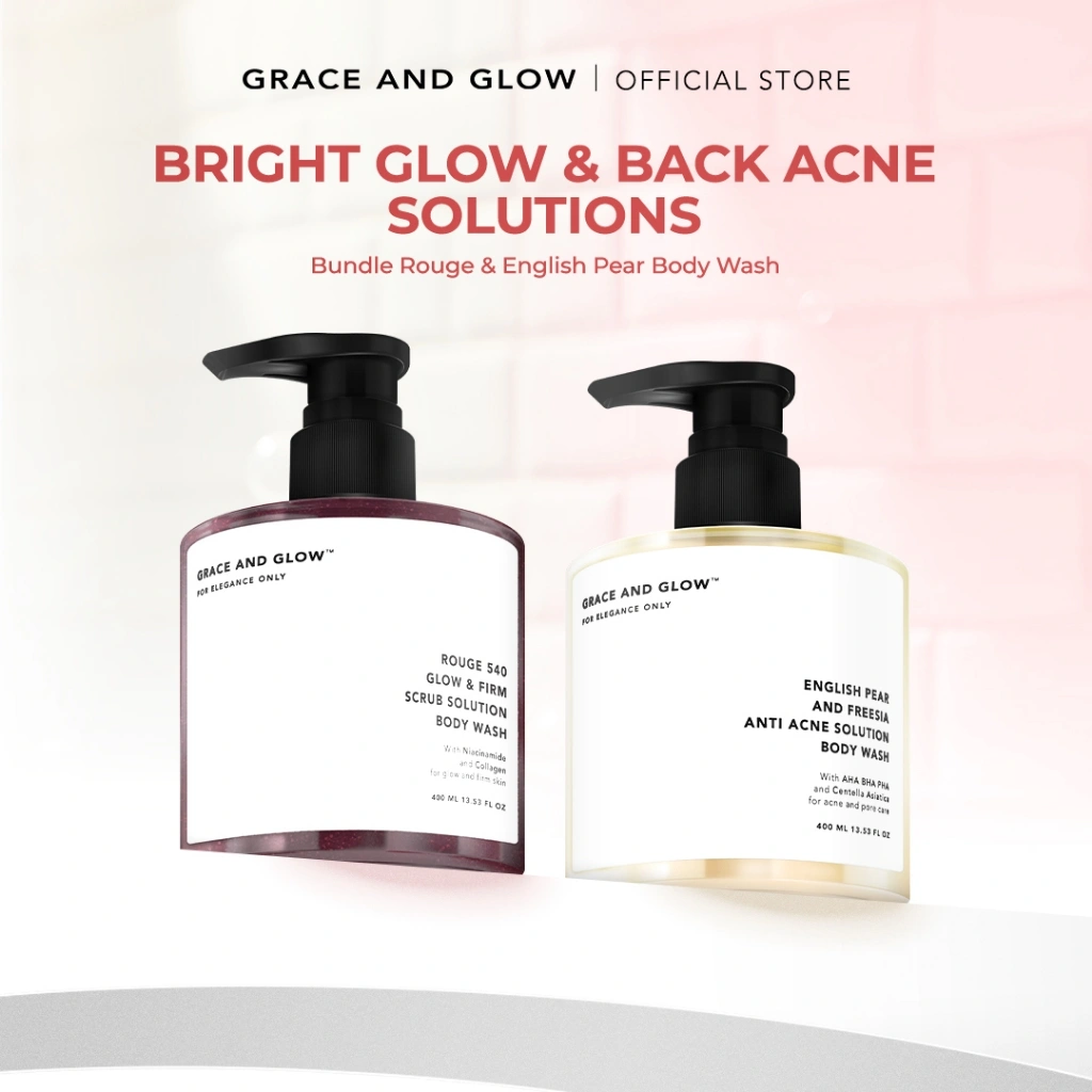 BUNDLE 2 PCS BODY WASH | Sabun Mandi Cair | Grace and Glow English Pear and Freesia Anti Acne Solution + Rouge 540 Glow & Firm Scrub Solution