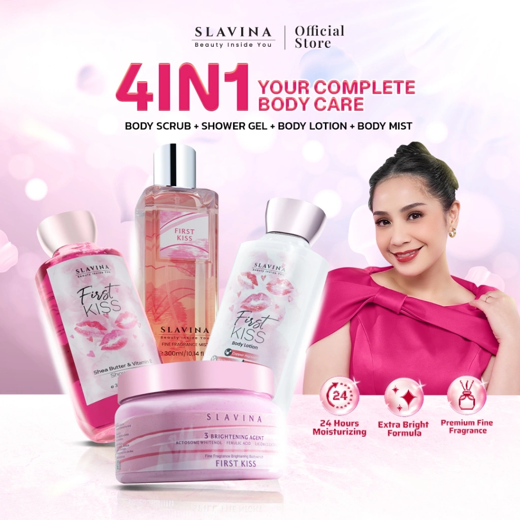 SLAVINA Bundle 4IN1 Super Fragrance Body Care by Nagita Slavina – Sabun Mandi Cair, Body Mist, Lulur Mandi, Handbody Pemutih Badan Wangi Parfum Mewah Tahan Lama by Nagita Slavina | Whitening, Tone Up, Moisturizing, Body Lotion, Shower Gel