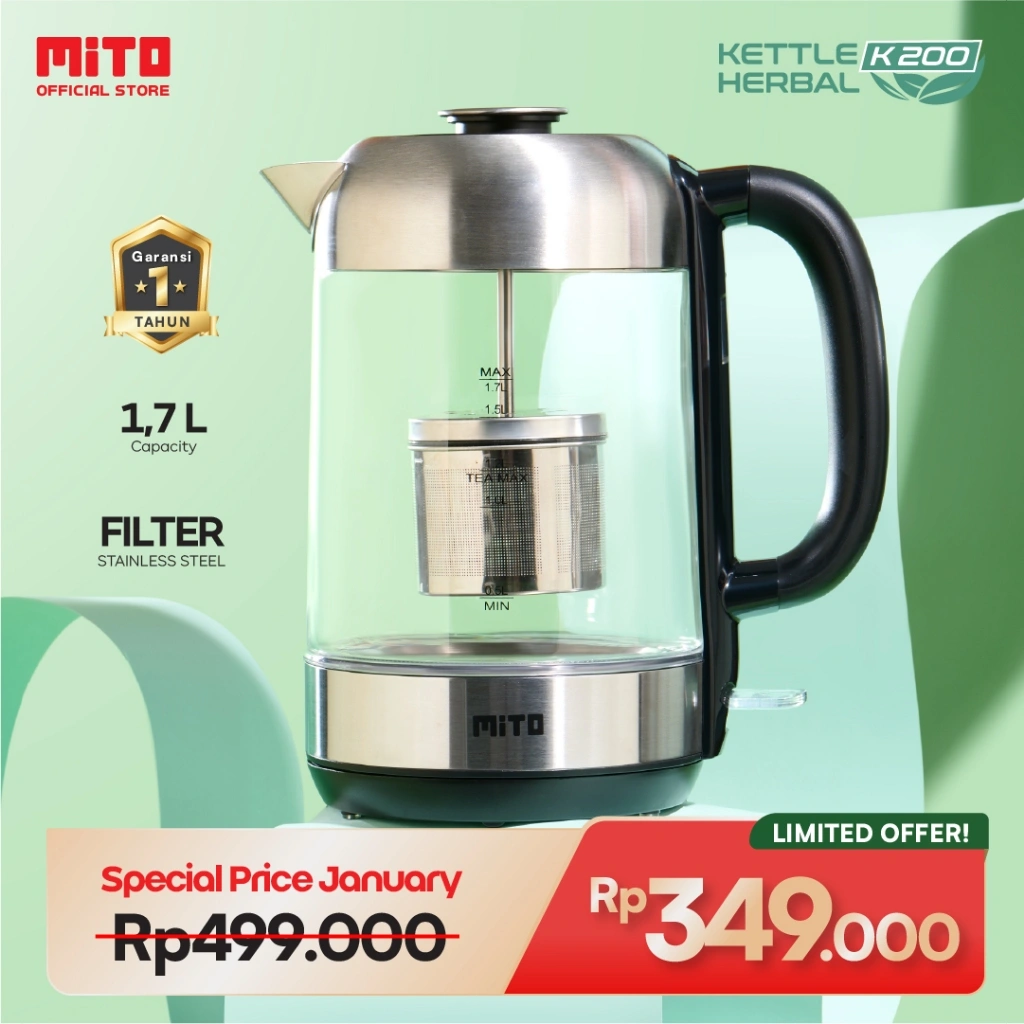 MITO Electric Kettle Herbal K200 1.7L | Teko Listrik Gelas Transparan Pemanas Air Transparent Glass