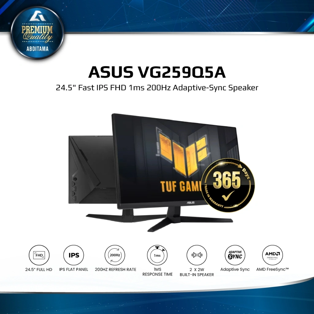 Monitor LED Gaming ASUS VG259Q5A 200Hz 24.5 Inch Fast IPS 1080p FHD 1ms HDMI 2.0x2 Dp x1 ELMB Variable Overdrive 99% sRGB Speaker Shadow Boost Adaptive-Sync FreeSync