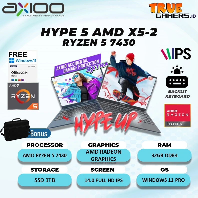 Laptop Axioo Hype 5 X5-2 AMD Ryzen 5 7430U 32GB 1TB 14 Inch FHD Ips
