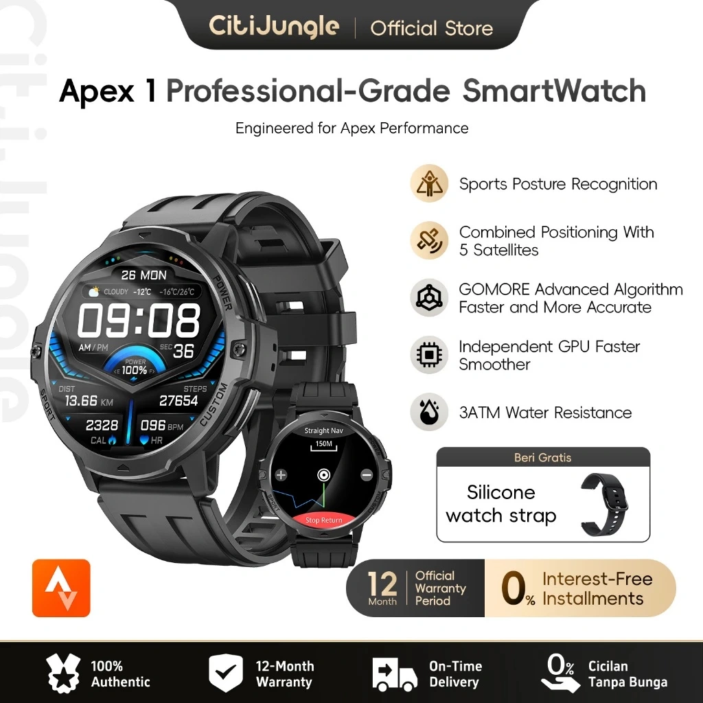 Citijungle Apex 1 Smartwatch GPS 1.46 Inch Layar HD | GPU Mandiri Lancar & Responsif | 3ATM Tahan Air | Kompas, Tekanan Udara, Olahraga & Kesehatan | Bluetooth 5.3 | Jam Tangan Pria Wanita