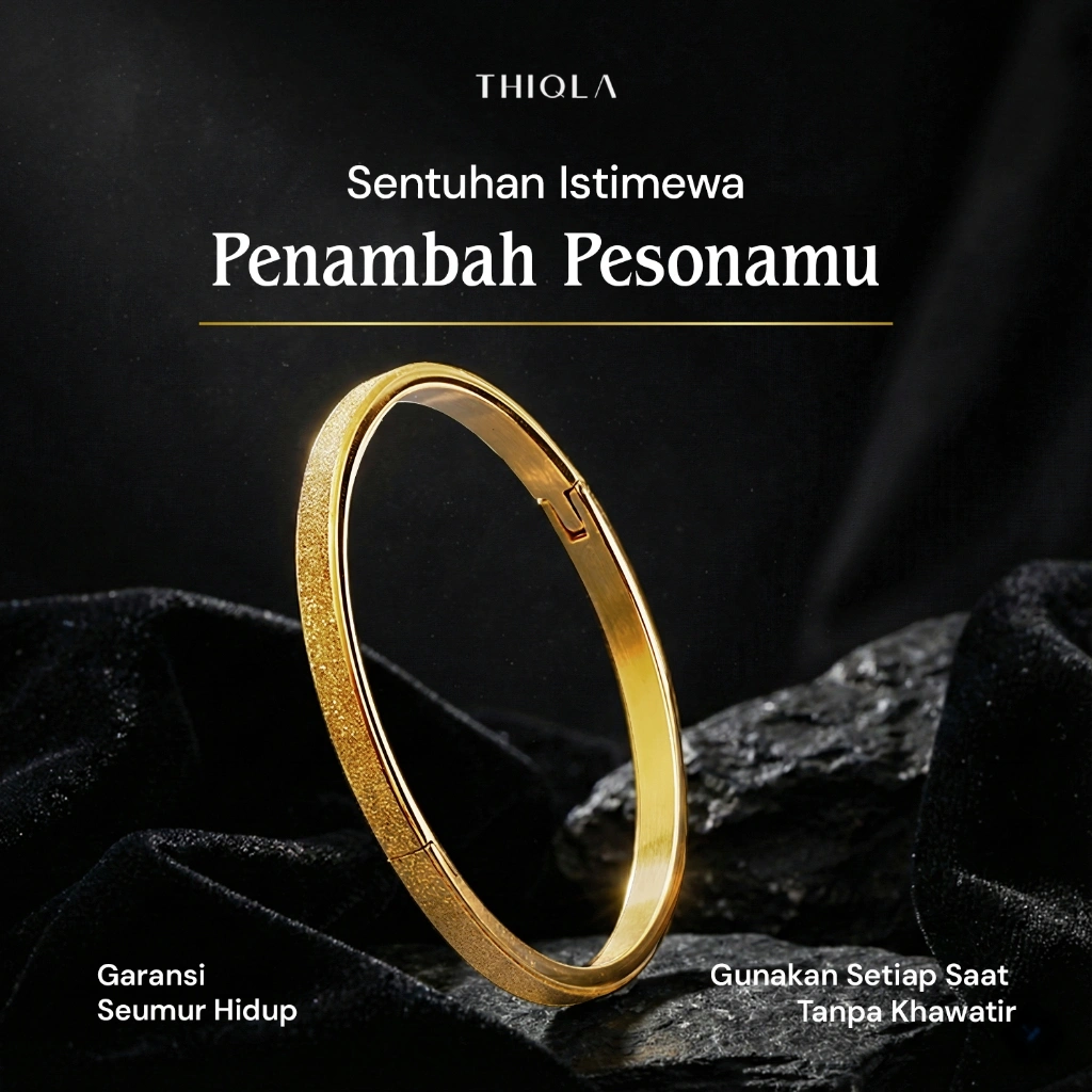 THIQLA - Gelang Bangle Rana - Gelang Tangan Wanita Dilapisi Emas Asli  - Garansi SEUMUR HIDUP untuk Gelang Anti Karat, Anti Hitam - Aksesoris Perhiasan Stainless Steel 316L: Bahan Hypoallergenic & Cocok utk Kulit Sensitif - Bukan Gelang Titanium