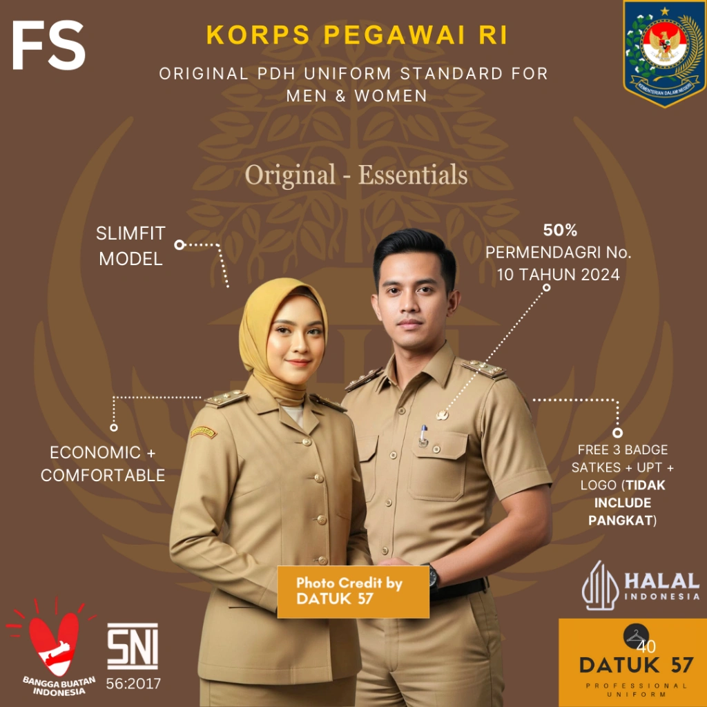 [FULL SET] Original Essentials by Datuk57 : Seragam Setelan Stel PDH Khaki Pemda PPPK PNS ASN Guru Pegawai Negeri Sipil Kemendagri Kementerian Dalam Negeri Terbaru Pakaian Dinas Harian Kemeja Celana Atasan Bawahan