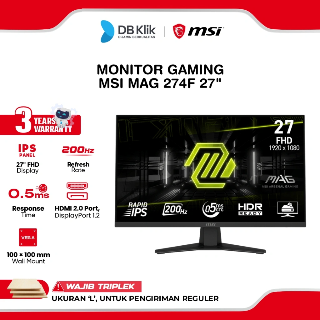 MSI LED Monitor Gaming MAG 274F 27" IPS FHD 200Hz 0.5ms AMD FreeSync Premium HDR HDMI DP