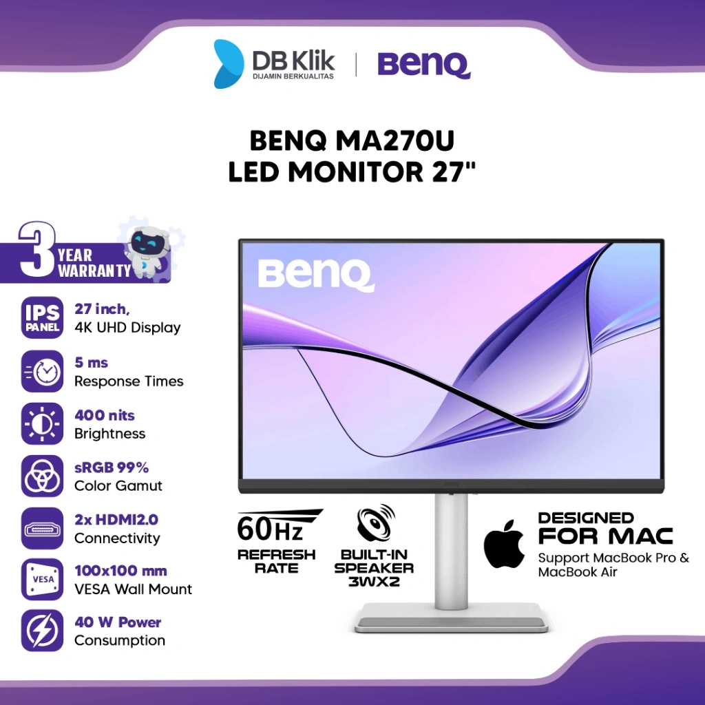 BenQ MA270U LED Monitor 27" IPS 4K UHD 60Hz 5ms HDR400 Built in Speaker Full Ergonomic Stand HDMI USB-C