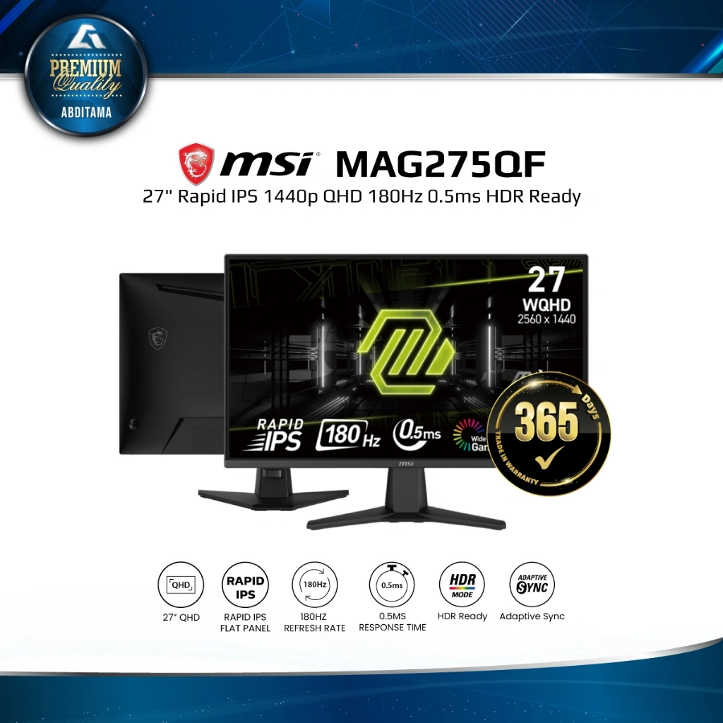 Monitor LED MSI MAG275QF 27" Rapid IPS 1440p QHD 2K 180Hz 0.5ms HDMI x2 DP x1 HDR Ready Vesa Wide Color Gamut