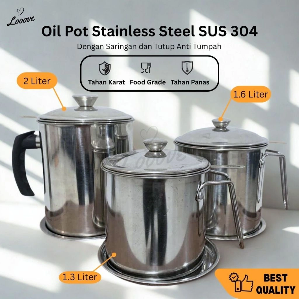 Oil Pot Stainless Steel 304 – Wadah Saringan Minyak Food Grade Anti Tumpah 1.3L 1.6L 2L
