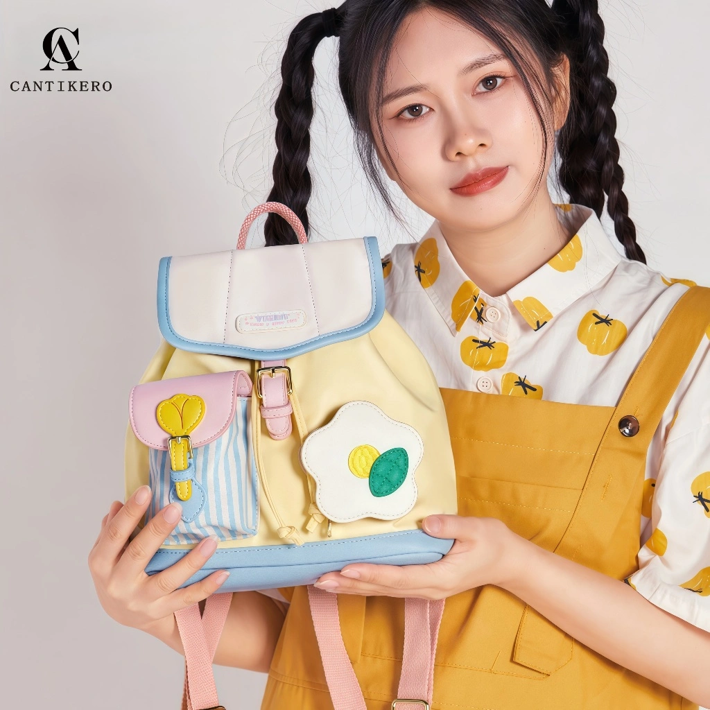 CANTIKERO Lucu Tas Ransel Wanita Tahan Air Bahan PU Y2K Tas Ransel Dopamin Warna Tas Perjalanan Tas Sekolah Siswa Tidak Mudah Kusut Ransel Kecil Mini Kulit Tas Sekolah Kelas Atas Fashion Backpack Cantikk