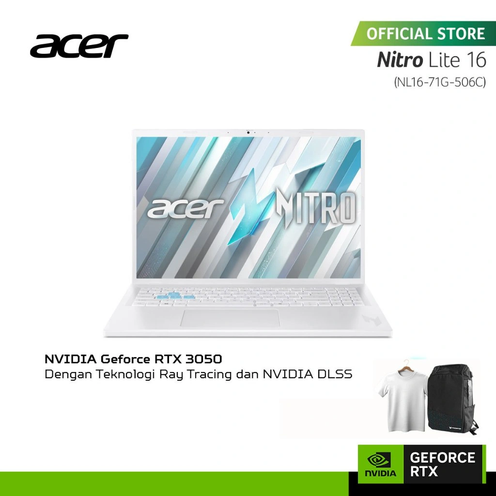 (FREE EXCLUSIVE TSHIRT) ACER LAPTOP GAMING NITRO LITE NL16-71G-506C GRAPHICS NVIDIA GEFORCE RTX 3050 16" WUXGA INTEL CORE 5 210H RAM 16GB STORAGE 512 GB SSD WINDOWS 11